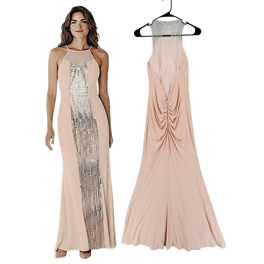LM by Mignon Gown sz 2 Blush Pink Sequin Halter Ruched Back Formal Dress Wedding